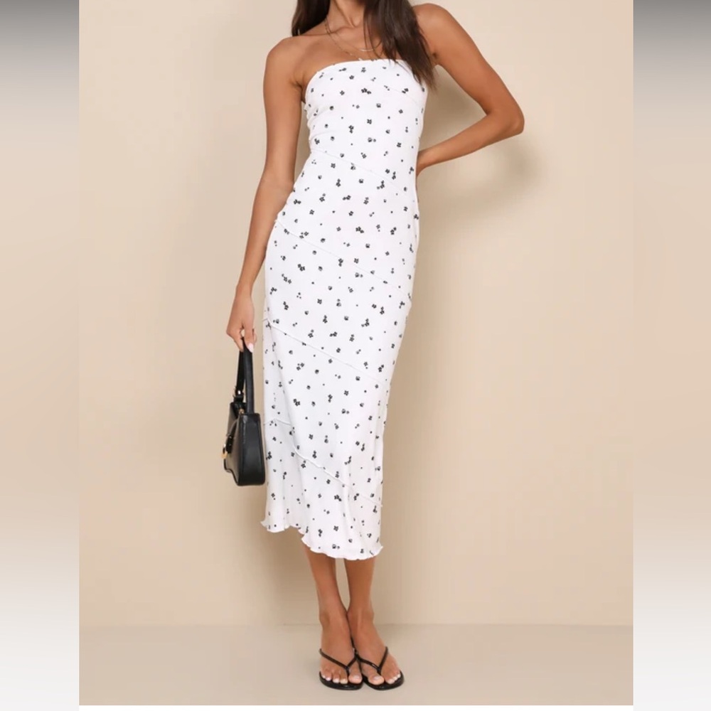 Lulu's Summery Spirit Ivory Floral Ribbed Strapless Midi Dress Size M